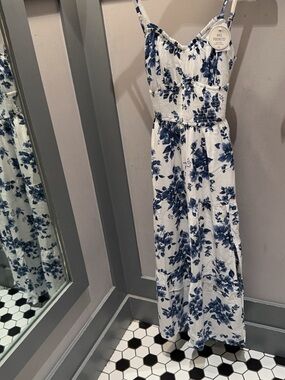 Hollister White Maxi Dress with Blue Floral Print